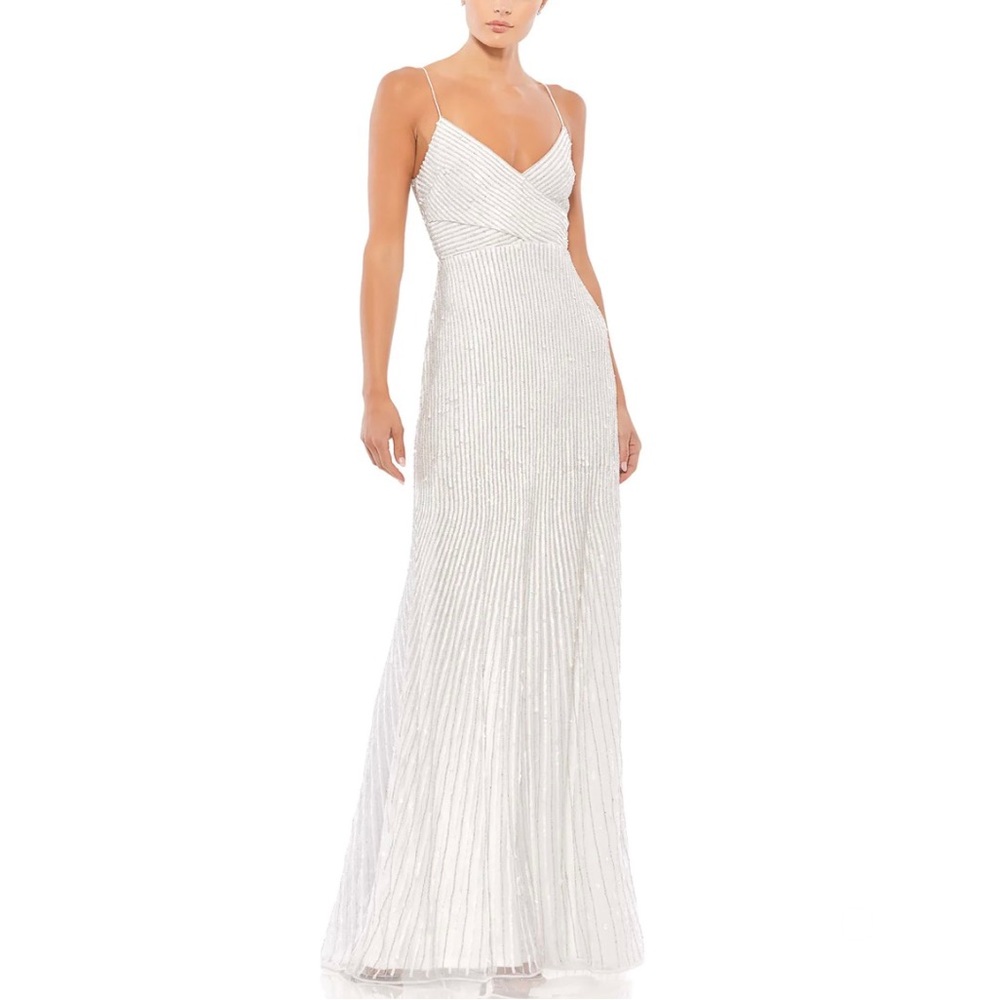Mac Duggal V-Neck Cross Over Beaded Sequins Spaghetti Strap Gown In Pearl Color
